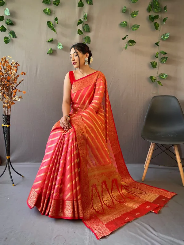 Orange_Red_Pure_Organza_Weaved_Leheriya_Saree_With_Blouse_Piece_Attached